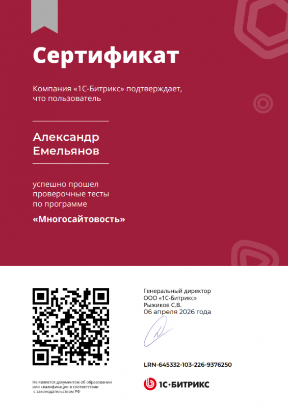 Сертификат "Многосайтовость" Александр Емельянов